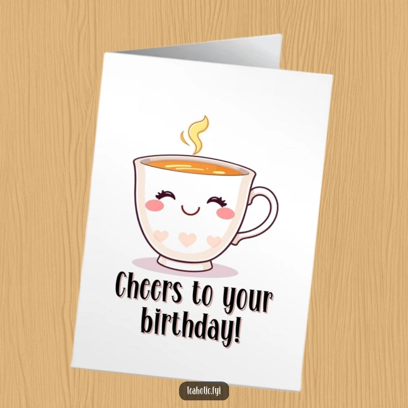 Funny Free Printable Teacup Birthday Card, a happy teacup with a charming smile winks, celebrating merrily.
