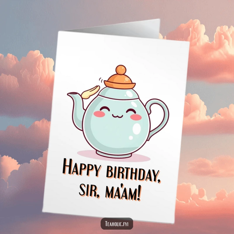 Funny Free Printable Birthday Card: A proud teapot character in a tiny hat, giving a smart salute for a birthday celebration.