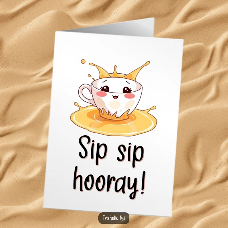 Funny free printable birthday card of a teacup character gleefully splashing in a puddle of tea.