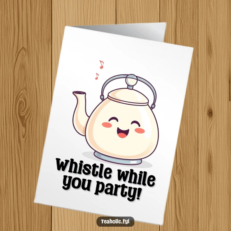 Funny free printable birthday card featuring a smiling tea kettle cheerfully whistling a happy tune.