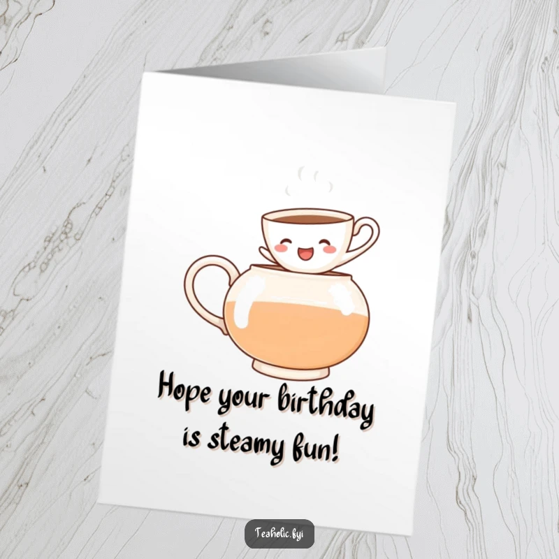Funny free printable birthday card: a cheerful teacup character enthusiastically jumps into a steaming teapot, full of excitement.