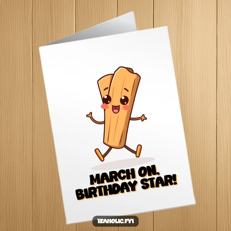 Funny Free Printable Cinnamon Stick Birthday Card: Playful character doing a silly march, a spirited downloadable gift.