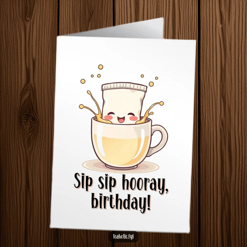 Funny free printable birthday card featuring a happy tea bag character splashing playfully in a steaming mug, full of cheer.