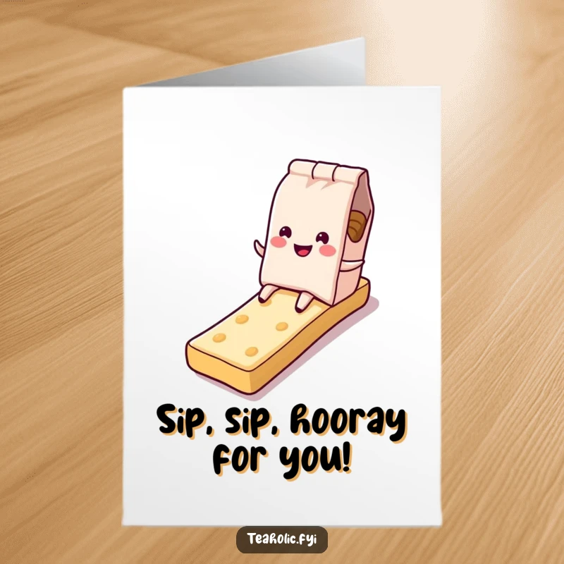 Funny Free Printable Birthday Card: Smiling tea bag character joyfully sliding down a sugary biscuit slide, a fun DIY gift.