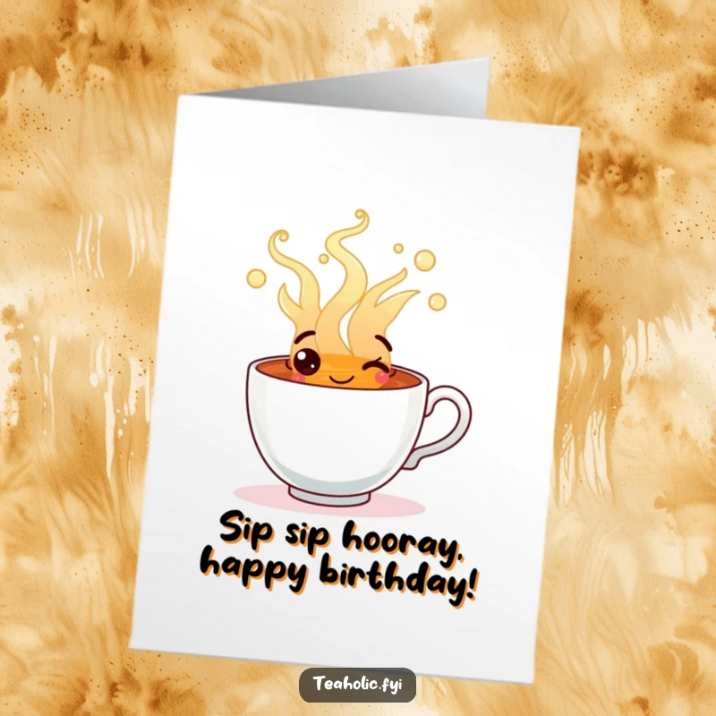 Funny Free Printable Birthday Card: Happy Tea Cup character overflowing with steaming, cheerful tea, sending warm wishes.