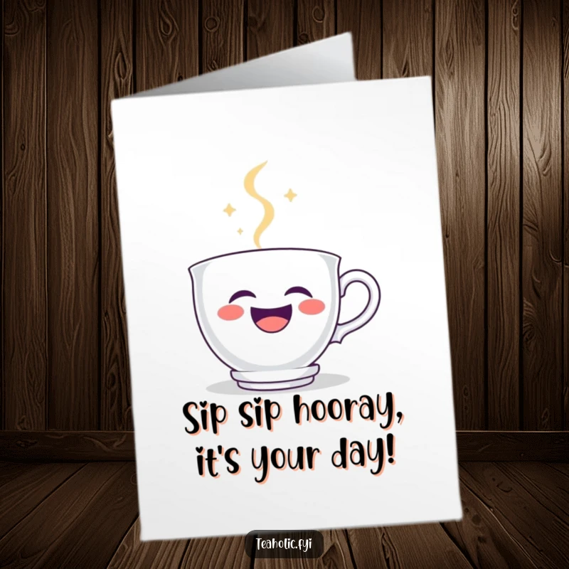 Funny Free Printable Birthday Card: A laughing teacup character whose steam forms a joyful smiley face, wishing a happy birthday.