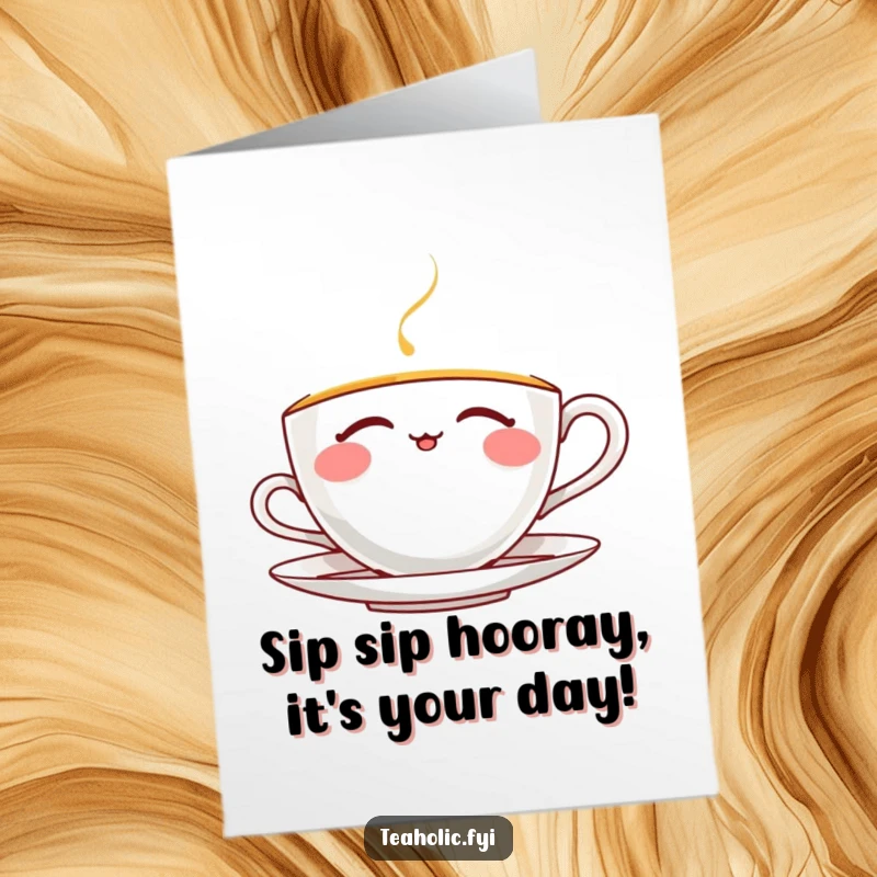 Funny Free Printable Birthday Card featuring a thrilled teacup character blissfully sipping tea with closed eyes, ready to celebrate.