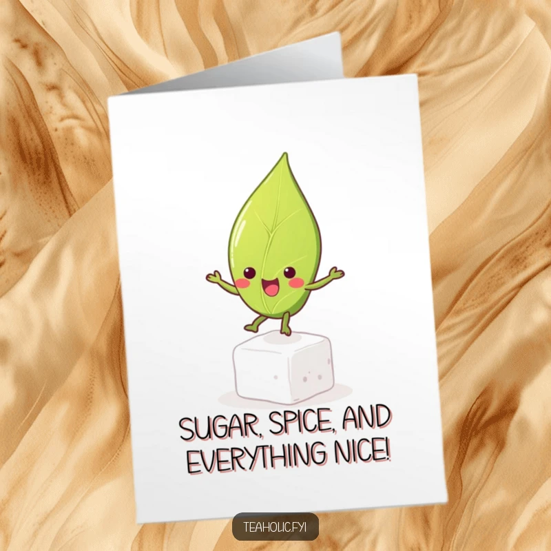 Funny Free Printable Birthday Card featuring a happy tea leaf character joyfully bouncing on a sugar cube.