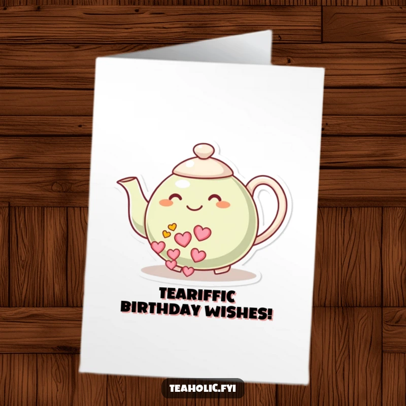 Sweet Free Printable Birthday Card: Smiling teapot character pours a stream of cheerful red hearts into a cup.