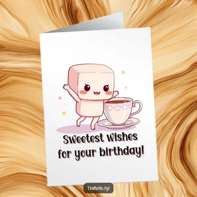 Funny Free Printable Birthday Card featuring a happy sugar cube character joyfully dancing near a teacup, celebrating with energy.
