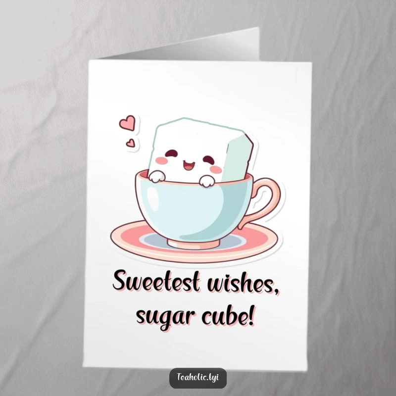 Funny Free Printable Birthday Card: Delighted sugar cube character enthusiastically swims in a teacup, conveying pure joy.
