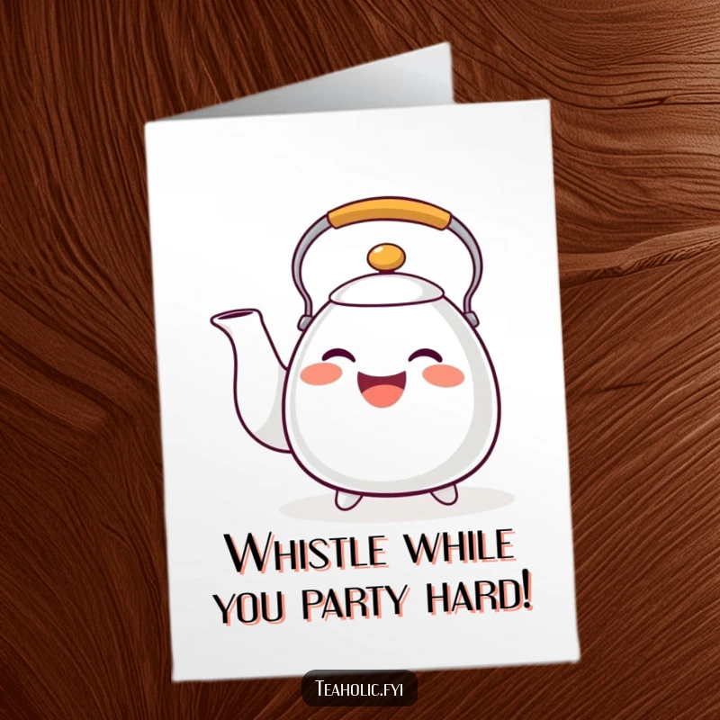 Funny Free Printable Birthday Card: A happy tea kettle character whistling with a wide, musical grin, celebrating a birthday with cheerful sounds.