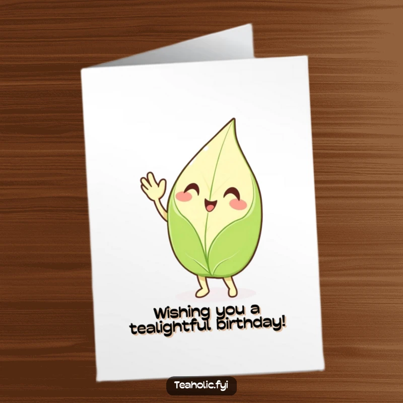 Funny Free Printable Birthday Card: A smiling tea leaf character waving enthusiastically, sending joyful birthday greetings with a friendly flourish.