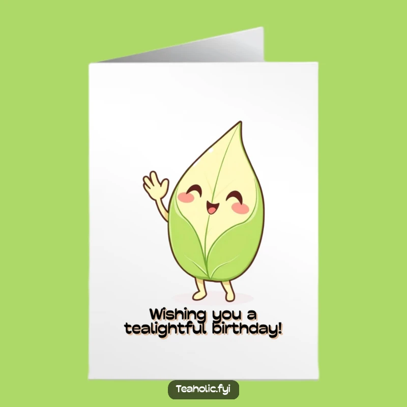 Free Printable Waving Tea Leaf Birthday Card: Funny Enthusiastic Downloadable Greeting Gift