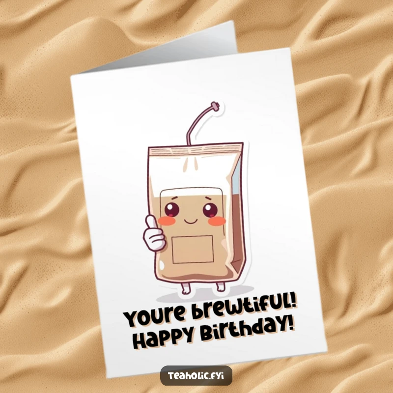Funny Free Printable Birthday Card: A cheerful tea bag character gives a big thumbs up, ready to celebrate.