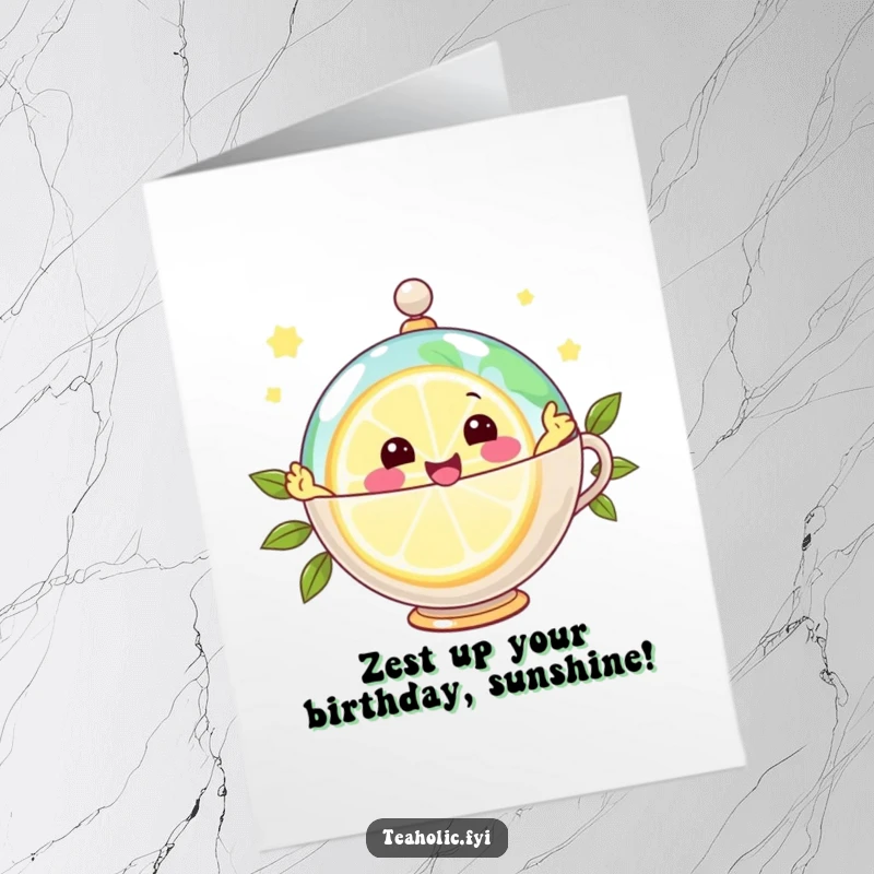 Funny Free Printable Birthday Card: A joyful lemon slice character zestfully zipping around a teacup globe, wishing a bright and zesty birthday.