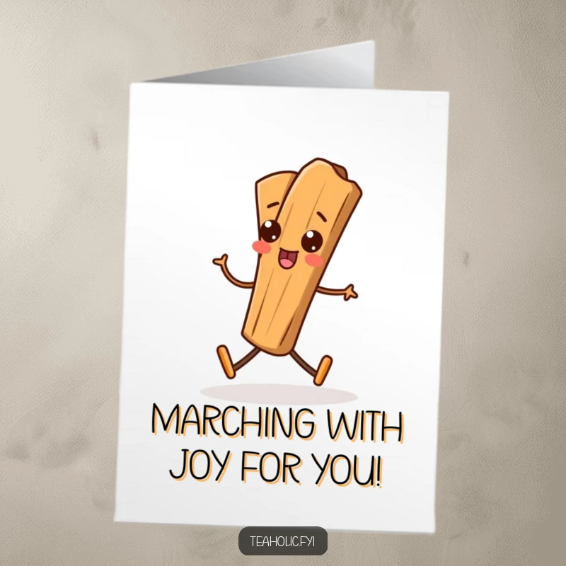 Funny Free Printable Cinnamon Stick Congratulation Card: Playful character doing a silly march, a cheerful downloadable gift.