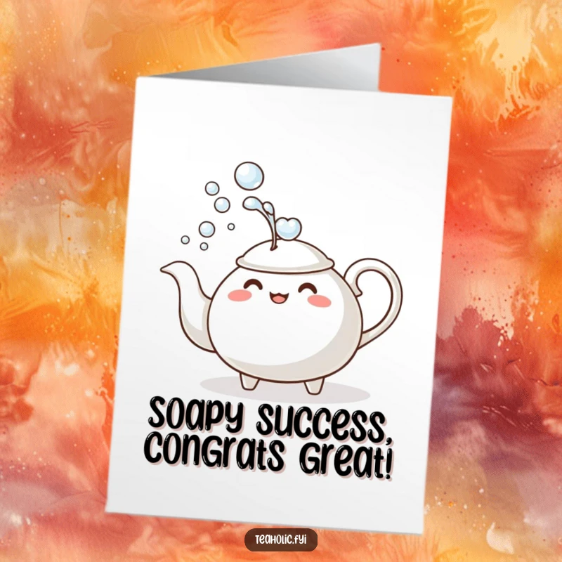 Funny free printable congratulations card with a teapot in a bubble bath, perfect for witty celebrations.