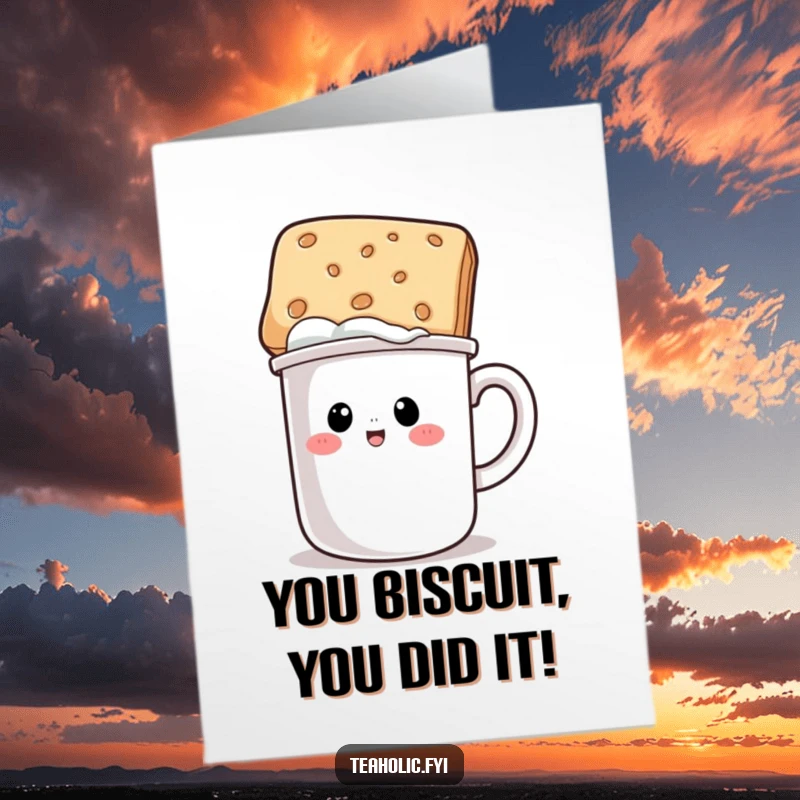 Funny Free Printable Congratulations Card: A coffee mug character sports a biscuit as a hat, celebrating a sweet achievement.