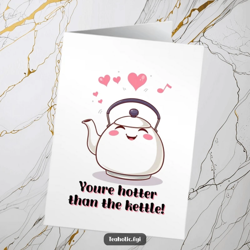 Funny Free Printable Congratulations Card showing a grinning tea kettle whistling, steam forming a heart.