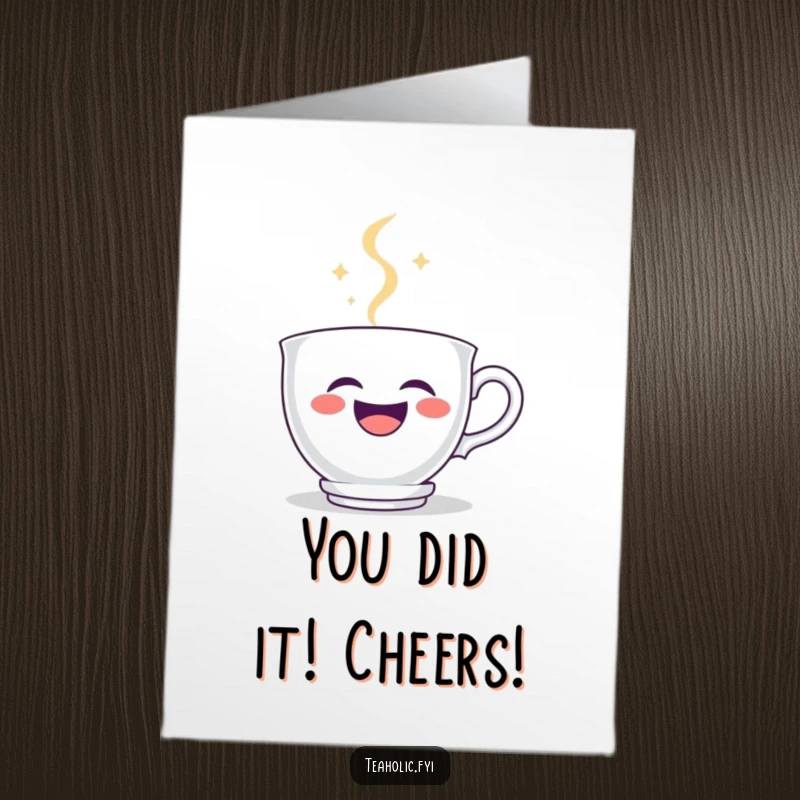 Funny Free Printable Congratulations Card: A laughing teacup character with steamy smiley face celebrates a wonderful achievement.