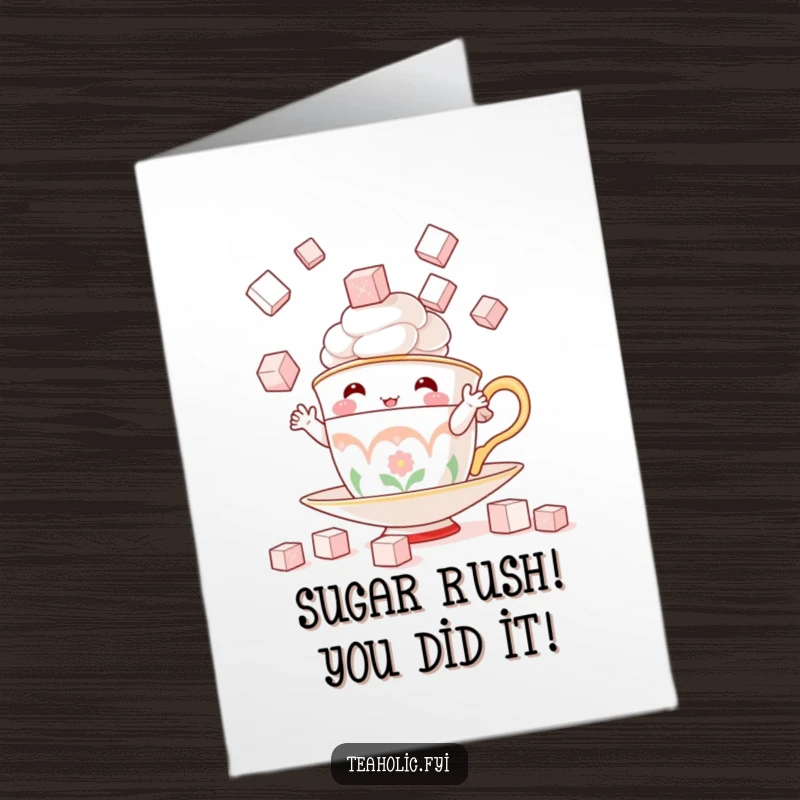 Funny Free Printable Congrats Card: A teacup character expertly juggles sugar cubes, symbolizing impressive skill.