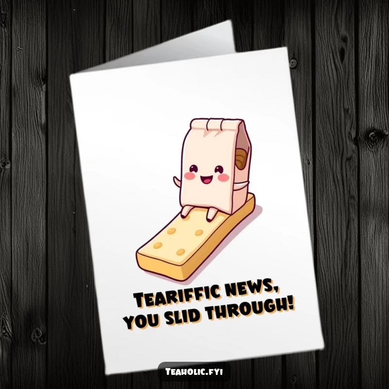 Funny Free Printable Congratulations Card: A happy tea bag character zipping down a biscuit slide, a delightful DIY gift.