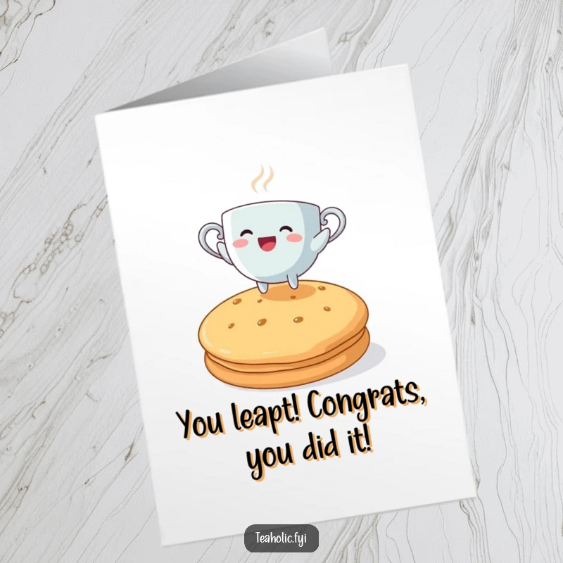 Funny Free Printable Congratulations Card: Joyful steaming teacup character leaping high over an enormous biscuit.