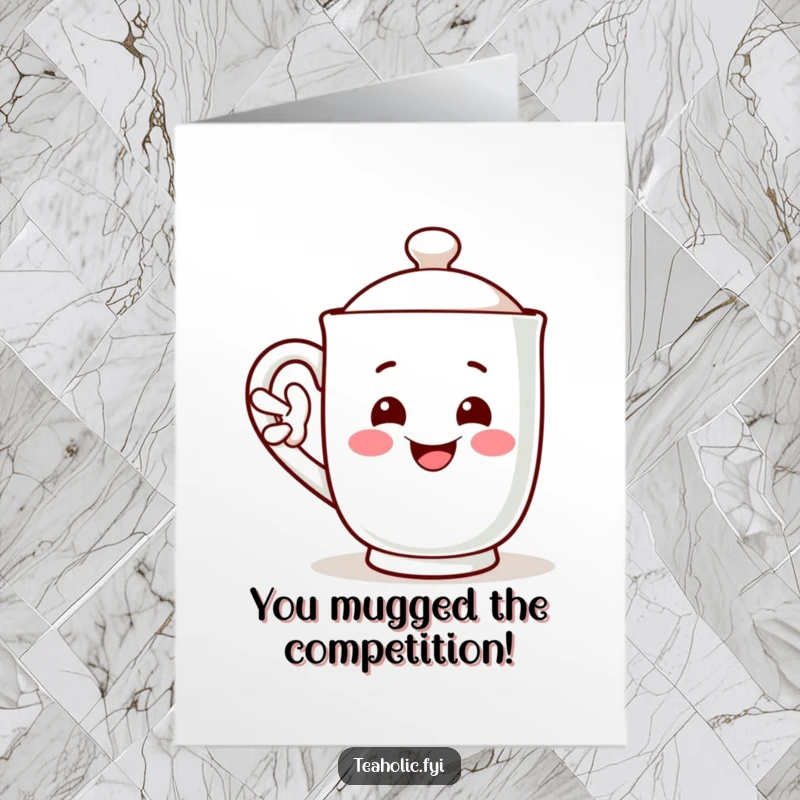 Funny Free Printable Congratulations Card: A smiling tea mug character waves cheerfully with its handle, offering congratulations.