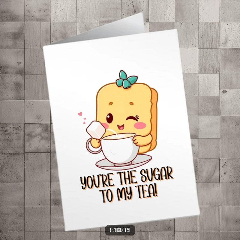 Funny free printable congratulations card: a winking biscuit character shares tea with a sugar cube, celebrating sweet victory.