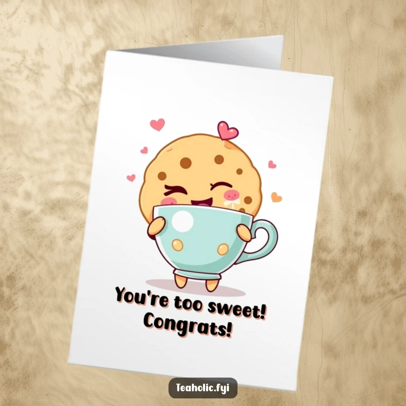 Funny Free Printable Congratulations Card: A cookie character winks while holding a teacup filled with pure, overflowing joy.