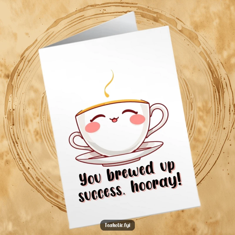 Funny Free Printable Congratulations Card showing a thrilled teacup character savoring tea, embodying pure delight and success.