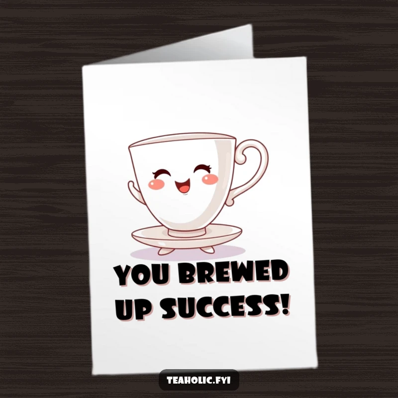 Funny Free Printable Congrats Card: A cheerful teacup with saucer feet dances a joyous jig to celebrate.