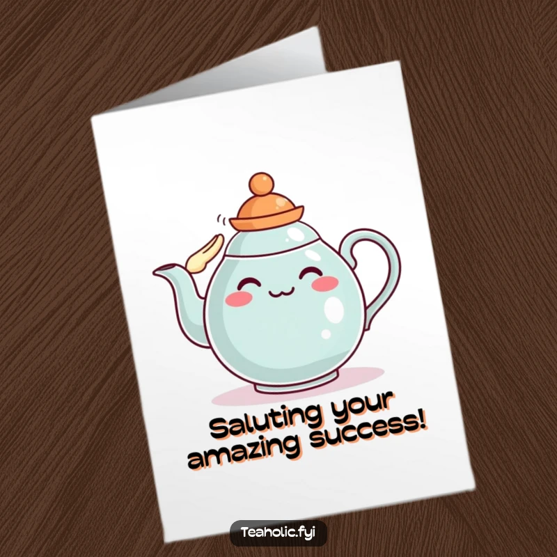 Funny Free Printable Congratulations Card: A distinguished teapot character wearing a tiny hat and saluting proudly, celebrating a significant accomplishment.