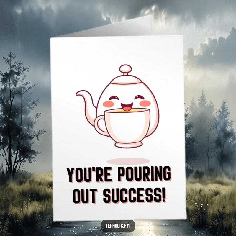 Funny Free Printable Congratulations Card: A cheerful teapot character happily pours tea into a hovering mug, celebrating success.