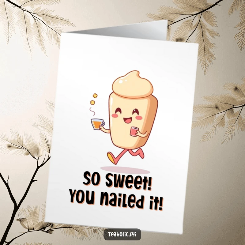 Funny Free Printable Congratulations Card: A smiling pastry character joyfully skips, holding a cup of tea to celebrate.