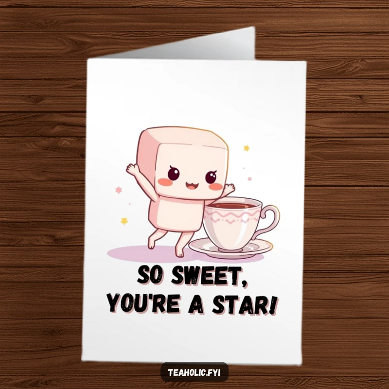 Funny Free Printable Congratulations Card with a bouncing sugar cube character dancing near a teacup, celebrating a great achievement.
