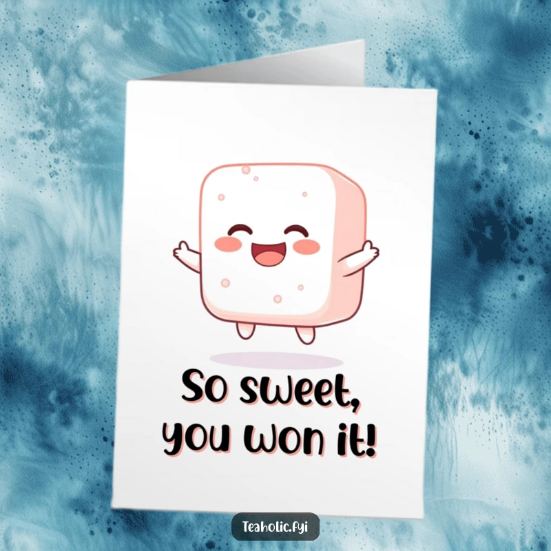 Funny Free Printable Congratulations Card: A sugar cube bouncing ecstatically, embodying pure joy and celebrating a sweet, successful moment.