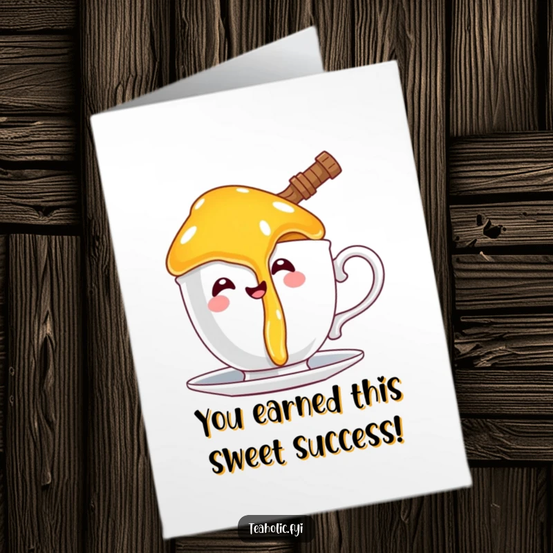 Funny Free Printable Congratulations Card: A happy honey pot character comically dripping honey onto a teacup handle, celebrating sweet achievements.