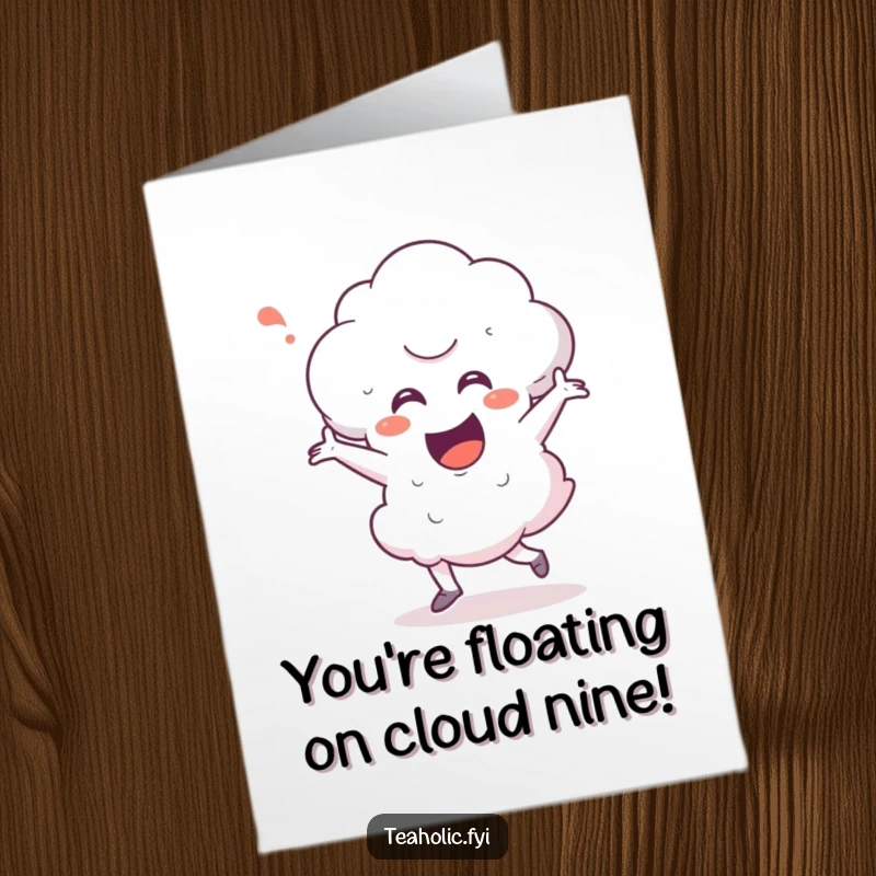 Funny free printable congratulations card featuring a cheerful steam cloud character in a celebratory happy dance pose.