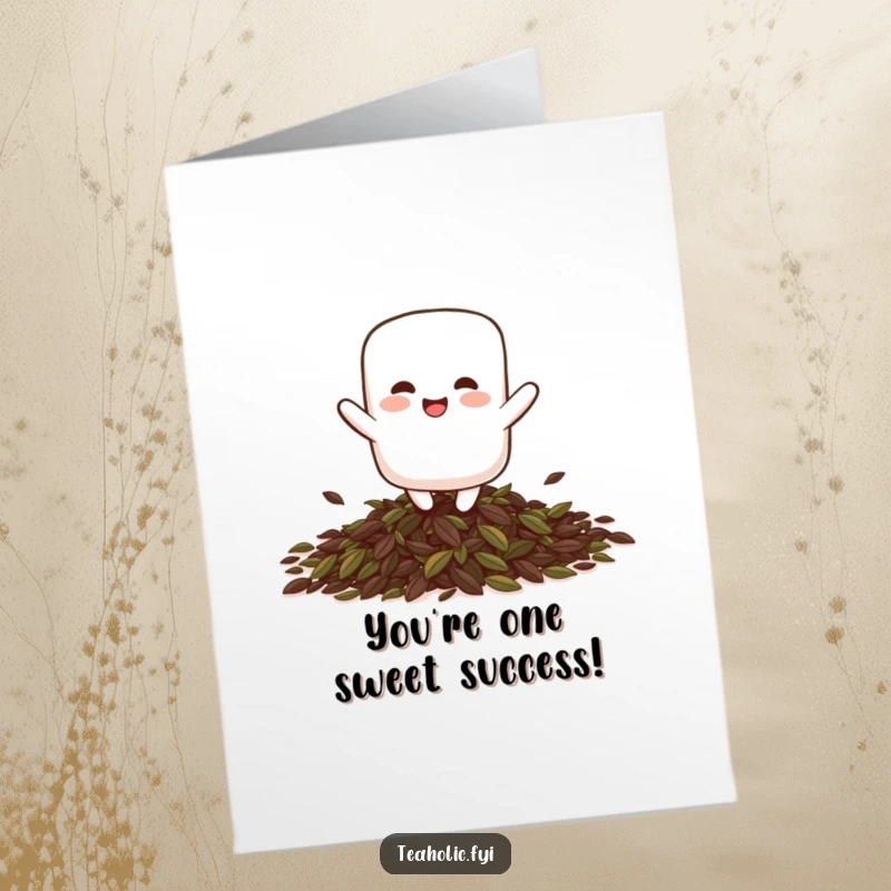 Funny Free Printable Congratulations Card: A giggling marshmallow character bounces playfully on tea leaves, celebrating a win.