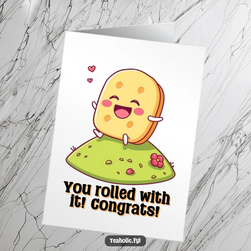 Funny Free Printable Tea Biscuit Congratulation Card: Laughing character rolling down hill, a cheerfully downloadable gift.