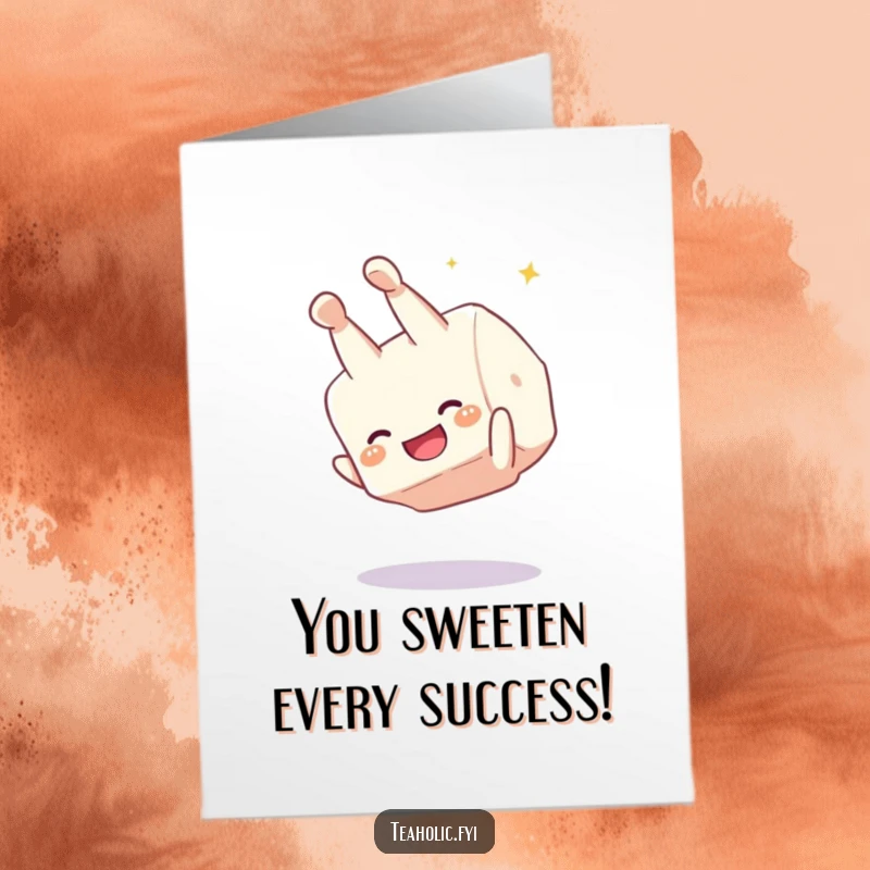 Funny Free Printable Congratulations Card: A happy sugar cube character doing a somersault, celebrating achievements with sweet, humorous energy.