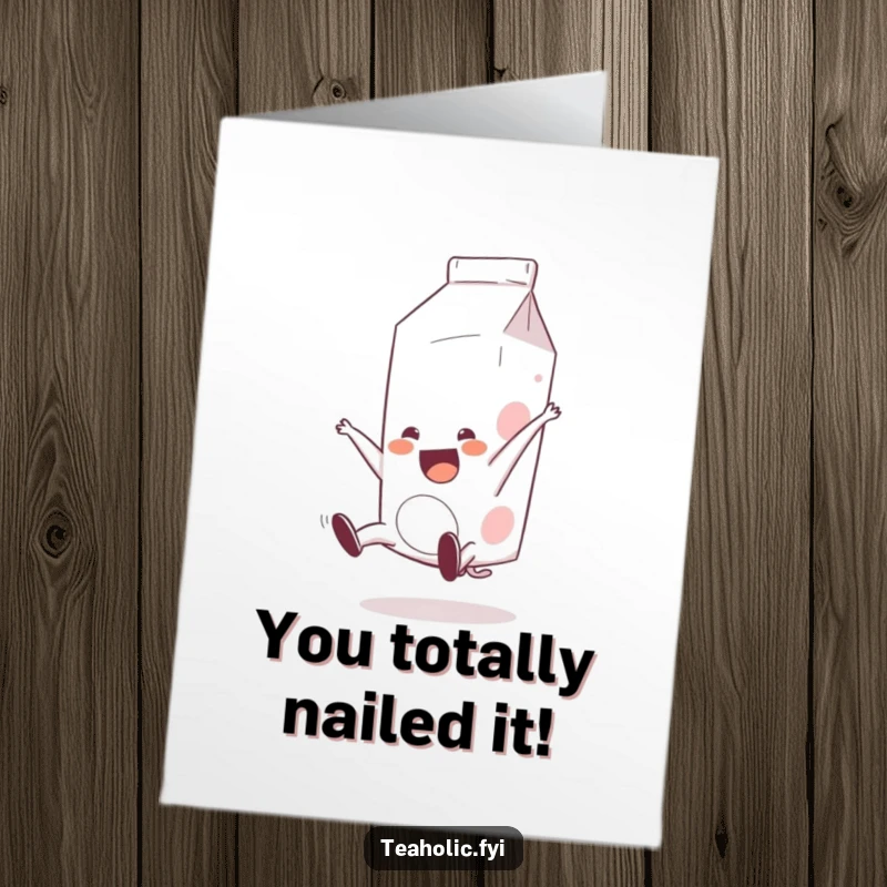 Funny Free Printable Congratulations Card: Joyful milk carton performing a happy somersault, celebrating success, downloadable art.