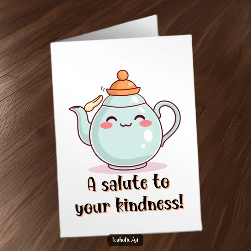 Funny Free Printable Thank You Card: A proud teapot character in a tiny hat, giving a smart salute to express heartfelt thanks.