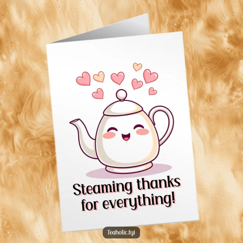 Funny Free Printable Thank You Card: Giggling tea kettle with heart-shaped steam, a cute and appreciative DIY gift.