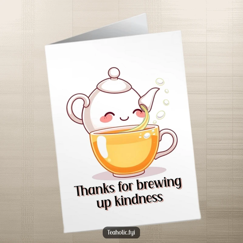 Funny free printable thank you card: a giggling teapot character cheerfully pours tea bubbles into a waiting teacup.