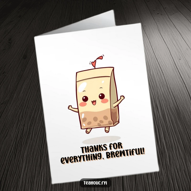 Funny Free Printable Thank You Card: A charming tea bag with a hat bounces, expressing gratitude playfully.