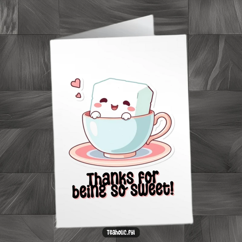 Funny Free Printable Thank You Card: Delighted sugar cube character makes a splash while swimming in a teacup.