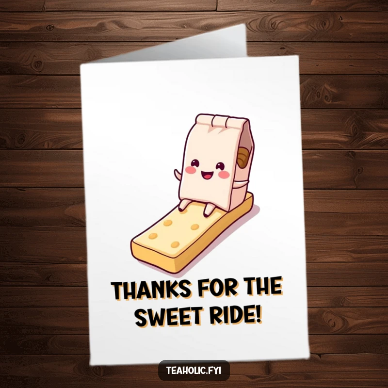 Funny Free Printable Thank You Card: A smiling tea bag character on a sugary biscuit slide, a charming DIY gift.